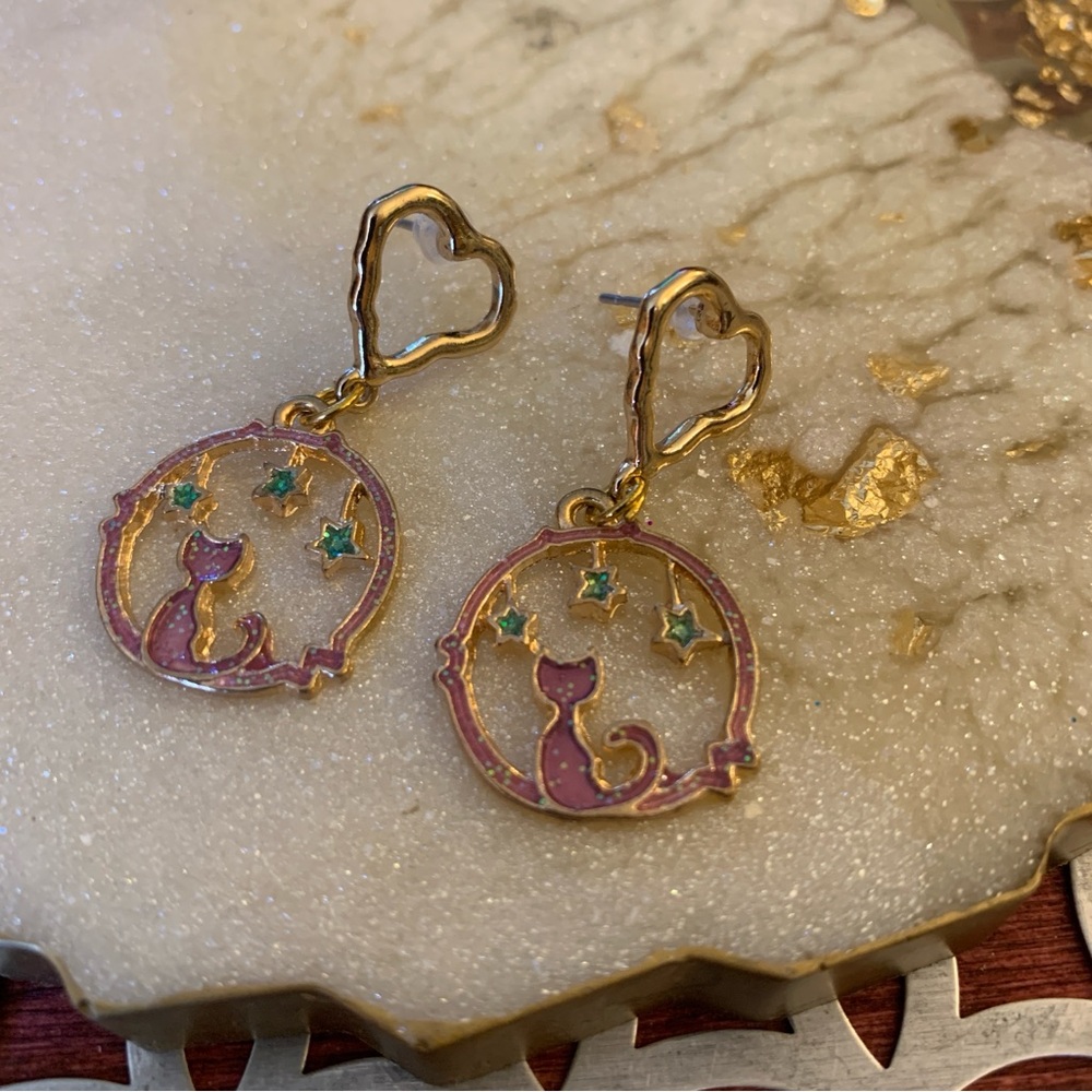 Cat Post Earrings Gold Tone Pink